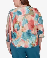 Alfred Dunner Plus Sedona Sky Spliced Floral Brushstroke Stripes Top