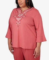 Alfred Dunner Plus Size Sedona Sky Split Neck Floral Embroidered Top