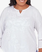 Alfred Dunner Plus Size Blue Bayou White Floral Top