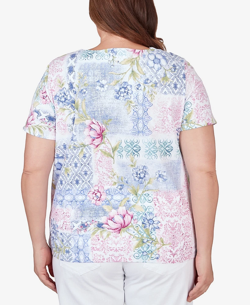 Alfred Dunner Plus Patchwork Floral Braided Neck Tee