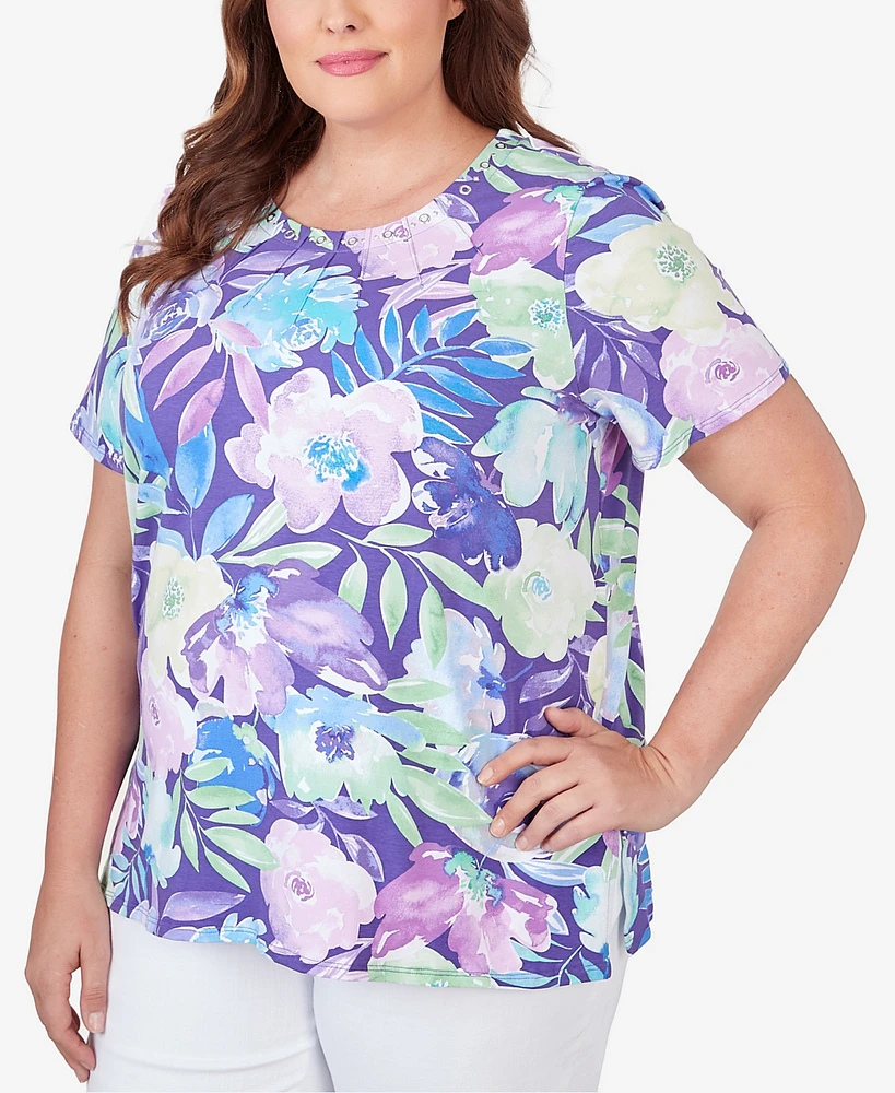 Alfred Dunner Plus Pleated Neck Floral Short Sleeve Tee