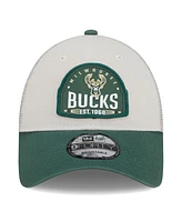 New Era Men's Khaki/Hunter Green Milwaukee Bucks Throwback Patch Trucker 9Forty Adjustable Hat