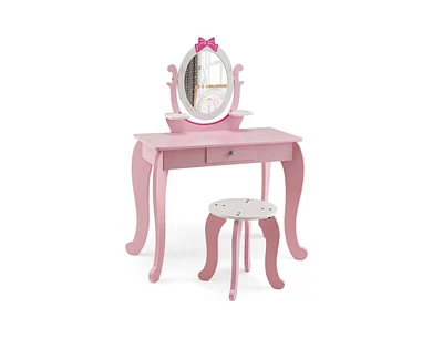 Slickblue Kid Vanity Table Stool Set with Oval Rotatable Mirror-Pink