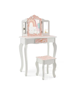 Slickblue 2-in-1 Kids Vanity Table Set with Tri-folding Mirror-Pink