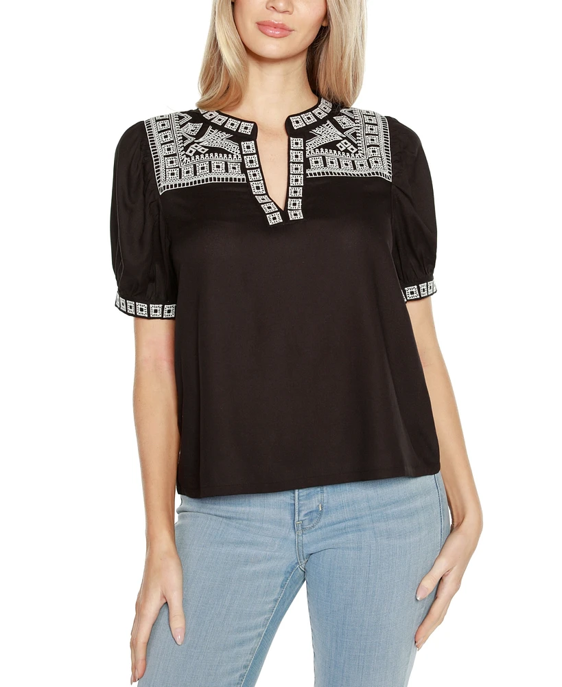 Belldini Women's Embroidered Boho Short Sleeve Top