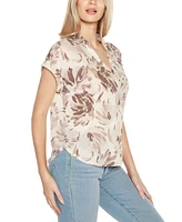 Belldini Women's Johnny Collar Brushed Floral Printed Top