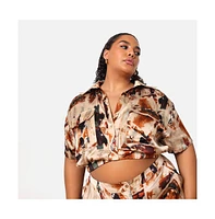 Rebdolls Women's Plus Size Naima Satin Abstract Print Knotted Front Crop Top