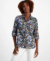 Tommy Hilfiger Women's Cotton Floral-Print Roll-Tab Shirt