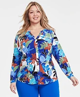 I.n.c. International Concepts Plus Floral-Print Zip-Pocket Blouse, Created for Macy's