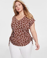 I.n.c. International Concepts Plus Animal-Print Ruched Side-Tie V-Neck Blouse, Created for Macy's