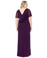 Betsy & Adam Plus Draped-Back Flutter-Sleeve Gown