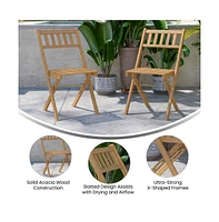 Merrick Lane Stora Set Of 2 Solid Acacia Wood Armless Folding Patio Bistro Chairs With Slatted Backs And Seats