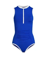 Lands' End Women's High Neck Zip Front One Piece Swimsuit with Pockets