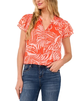 CeCe Women's Tropical Tie-Neck Flutter-Sleeve Blouse