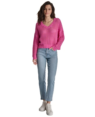 Dkny Jeans Women's V-Neck Open-Stitch Cotton Sweater