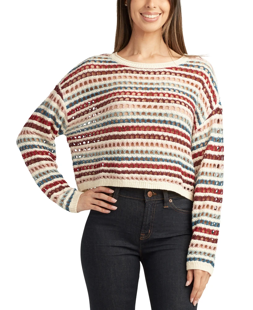 Bcx Juniors' Round-Neck Long-Sleeve Open-Knit Sweater