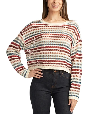 Bcx Juniors' Round-Neck Long-Sleeve Open-Knit Sweater