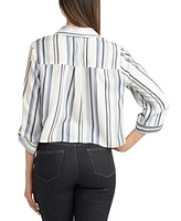 Bcx Juniors' Printed Button-Front Roll-Tab-Sleeve Crop Shirt