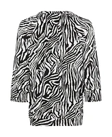 Olsen Women's Cotton Blend 3/4 Sleeve Zebra Print Tie-Neck T-Shirt