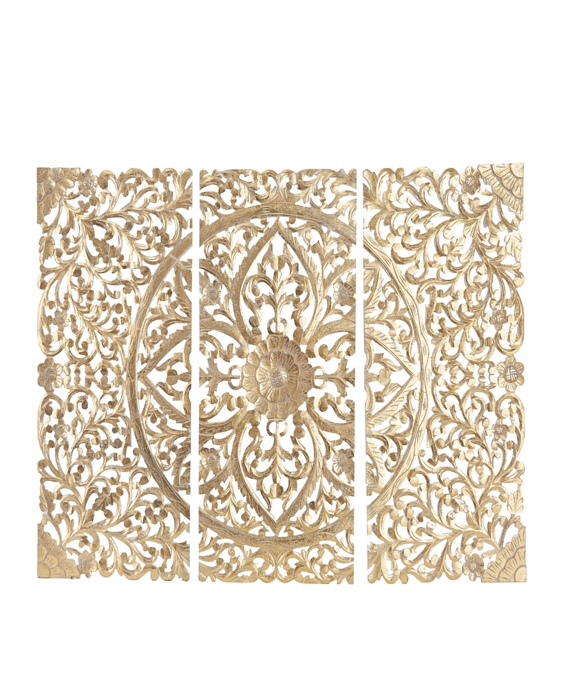 Rosemary Lane Gold Wood Floral Handmade Intricately Carved Wall Decor with Mandala Design, Set of 3 22"W, 48"H