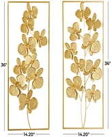 CosmoLiving by Cosmopolitan Gold Metal Orchid Floral Wall Decor with Gold Frame Set of 2 14"W, 36"H