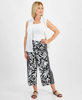 Style & Co Petite Printed Mid Rise Cropped Wide Leg Linen-Blend Pants, Created for Macy's
