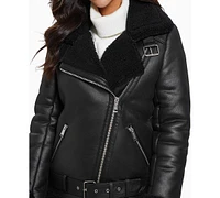 Guess Women's Faux-Shearling Asymmetric Moto Coat