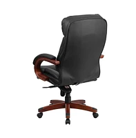 Emma+Oliver High Back Leather Executive Swivel Ergonomic Office Chair With Synchro-Tilt Mechanism, Mahogany Wood Base And Arms