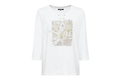 Olsen Women's Cotton Blend 3/4 Sleeve Maxi Embellished Placement Print T-Shirt