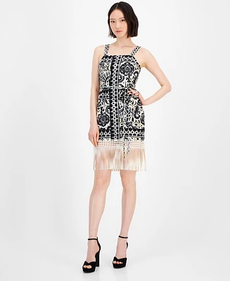 Tahari Petite Border Print Fringe Sheath Dress