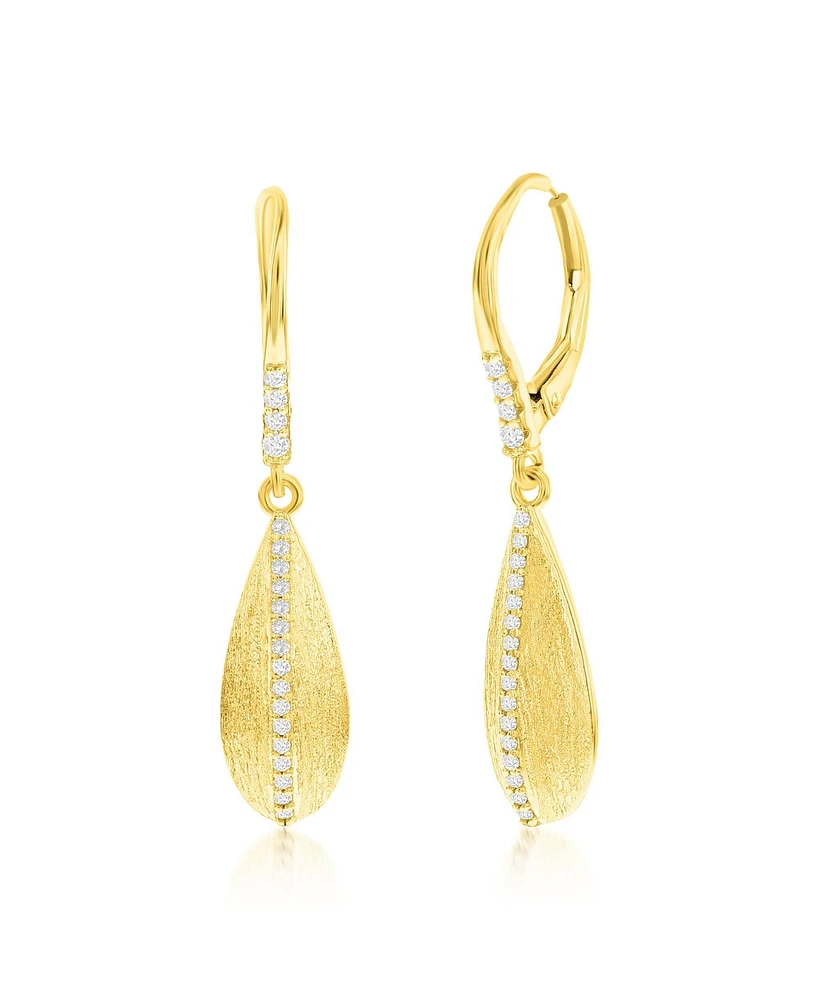 Simona Gold Plated Over Sterling Silver Long Pear-Shaped Brushed Cz Earrings