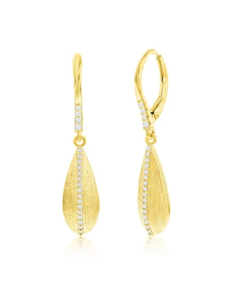 Simona Gold Plated Over Sterling Silver Long Pear-Shaped Brushed Cz Earrings