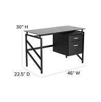 Emma+Oliver Two Drawer Pedestal Desk With Tempered Glass Top And Metal Frame