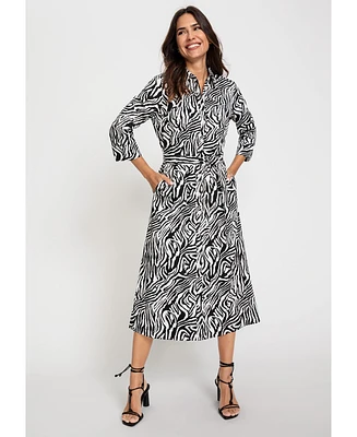 Olsen Women's 3/4 Sleeve Zebra Print A-Line Midi Shirt Dress