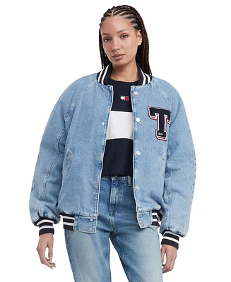Tommy Jeans Women's Denim Snap-Front Cotton Letterman Jacket