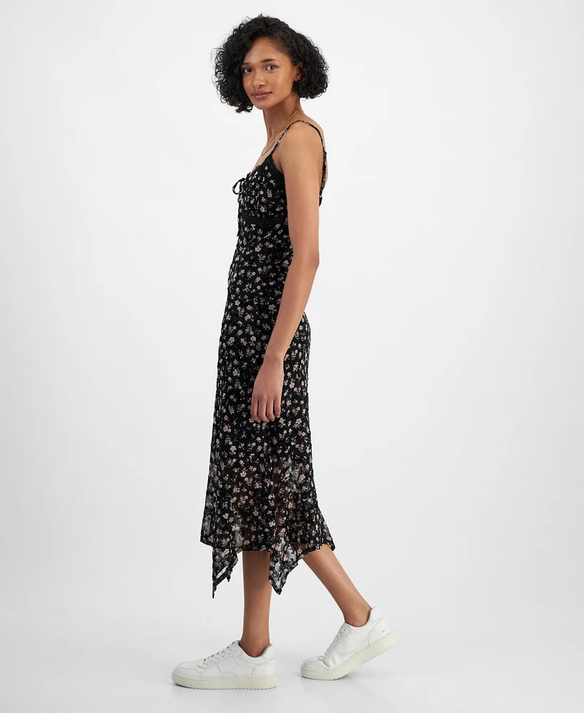 Planet Heart Juniors' Mesh Flocked Asymmetrical Hem Midi Dress