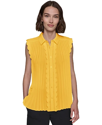 Karl Lagerfeld Paris Women's Scalloped Pleated Button-Down Top