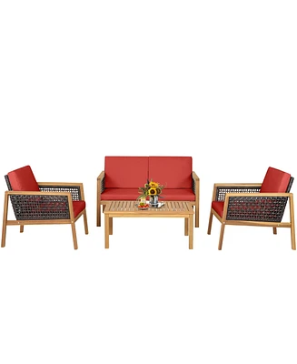 Gymax 4PCS Patio Acacia Wood Furniture Set Pe Rattan Conversation Set w/ Red Cushions