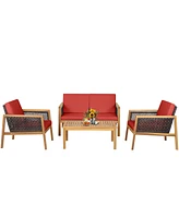 Gymax 4PCS Patio Acacia Wood Furniture Set Pe Rattan Conversation Set w/ Red Cushions