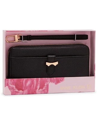 Boxed Slim Zip Wallet with Bow Detail and Wristlet Strap