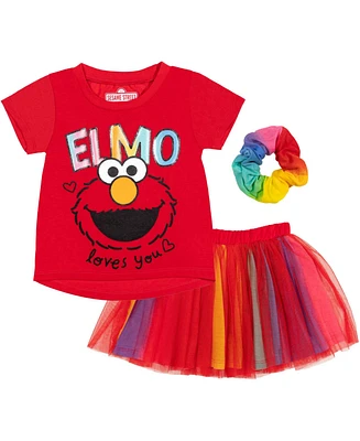 Sesame Street Girls Elmo Graphic T-Shirt Mesh Skirt and Scrunchie 3 Piece Outfit Set Red/Rainbow
