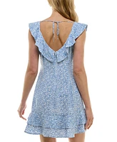 Trixxi Juniors' Printed V-Neck Asymmetric-Ruffle Dress