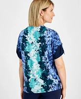 Jm Collection Petite Ombre Flora Printed Tab-Cuff Top