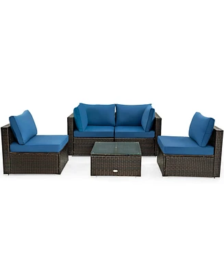 Gymax 5PCS Rattan Patio Conversation Set Sofa Furniture Set w/ Navy Cushions