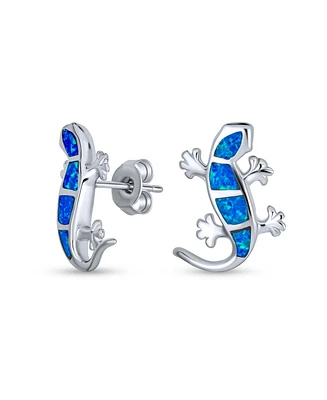 Bling Jewelry Iridescent Blue Created Opal Inlay Garden Gecko Lounge Lizard Stud Earrings For Women .925 Sterling Silver October Birthstone