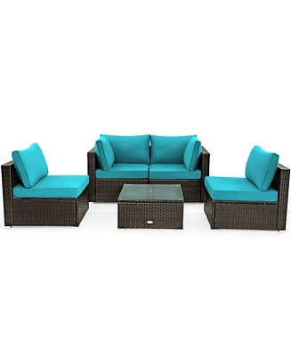 Gymax 5PCS Rattan Patio Conversation Set Sofa Furniture Set w/ Turquoise Cushions
