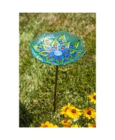 Evergreen Peacock Glass Bird Bath with Metal Stake