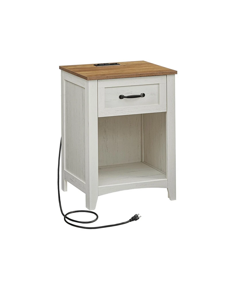 Slickblue Farmhouse Nightstands with Charging Station, Drawer, Open Compartment, Side Tables Storage
