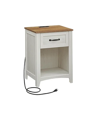 Slickblue Farmhouse Nightstands with Charging Station, Drawer, Open Compartment, Side Tables Storage