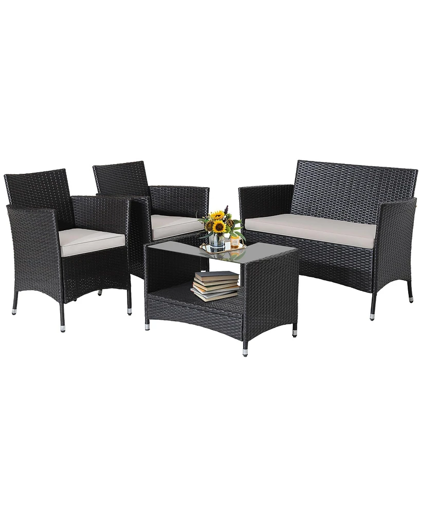 Gymax 4PCS Outdoor Sofa Set Patio Rattan Wicker Conversation Set w/ Coffee Table